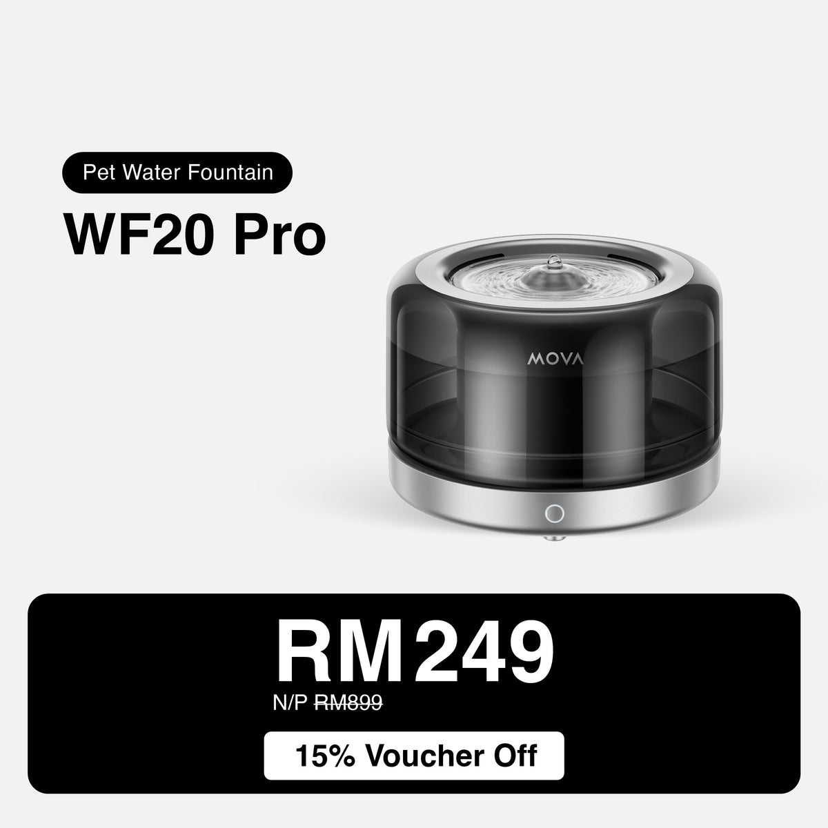 MOVA WF20 Pro pet water fountain, glossy black dome lid over silver base