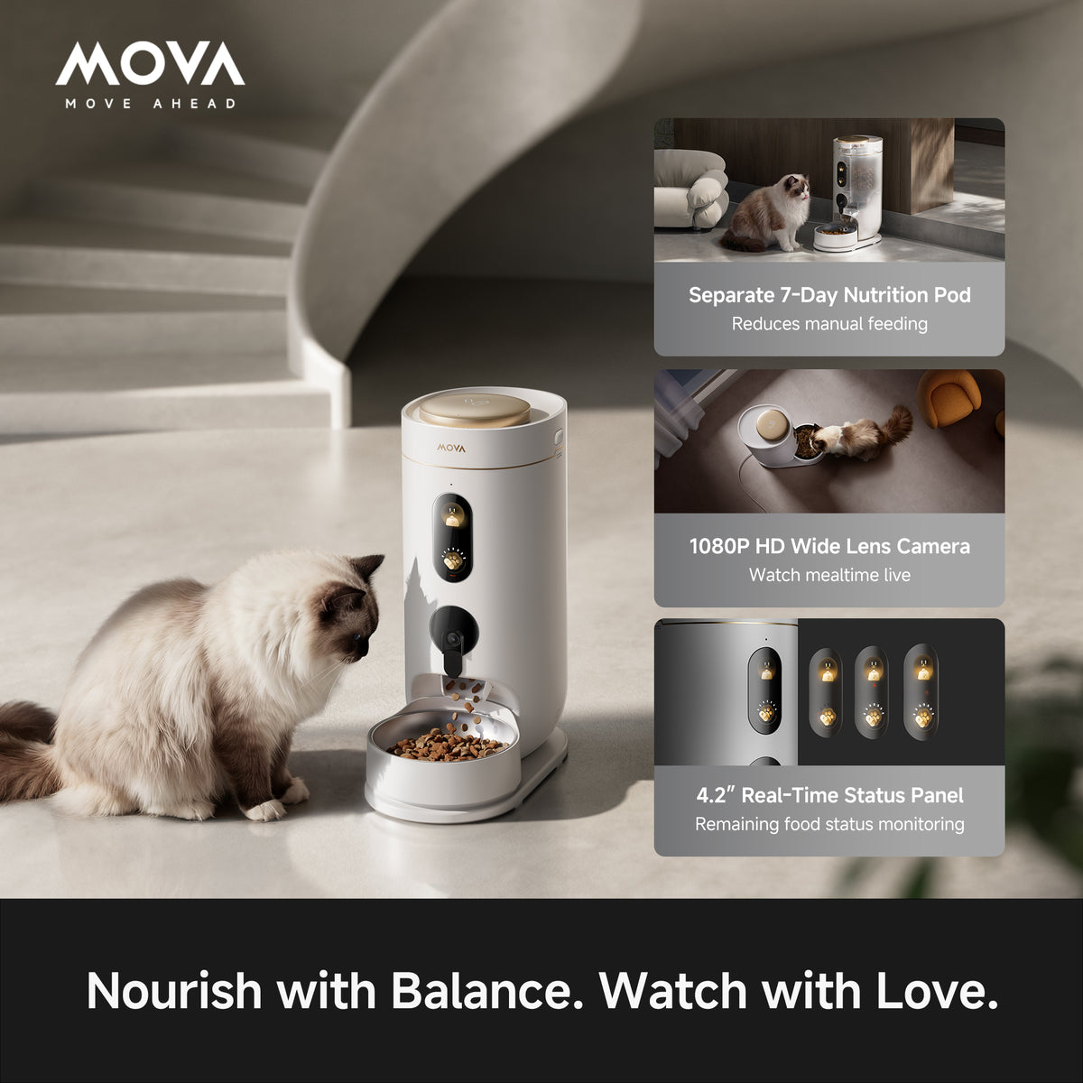 White MOVA smart pet feeder with side status panel and food bowl base