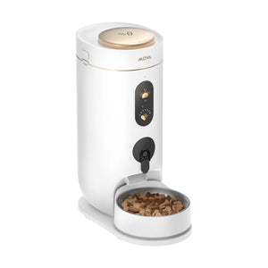Smart pet feeder in white with open feeding bowl and control buttons