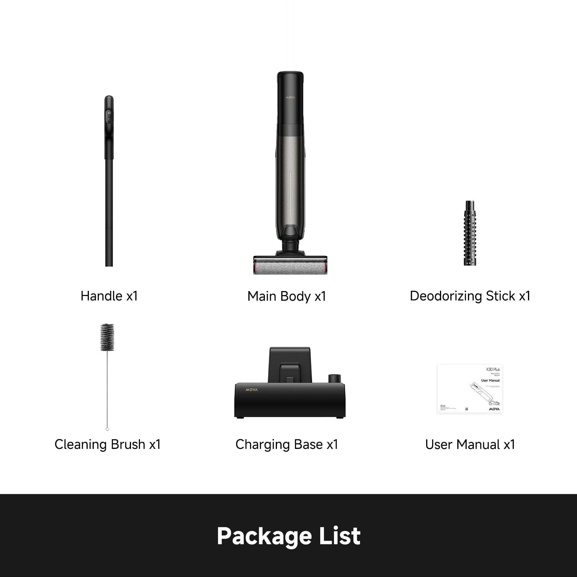 MOVA K30 Plus package contents: handle, main body, deodorizing stick, brush, charging base