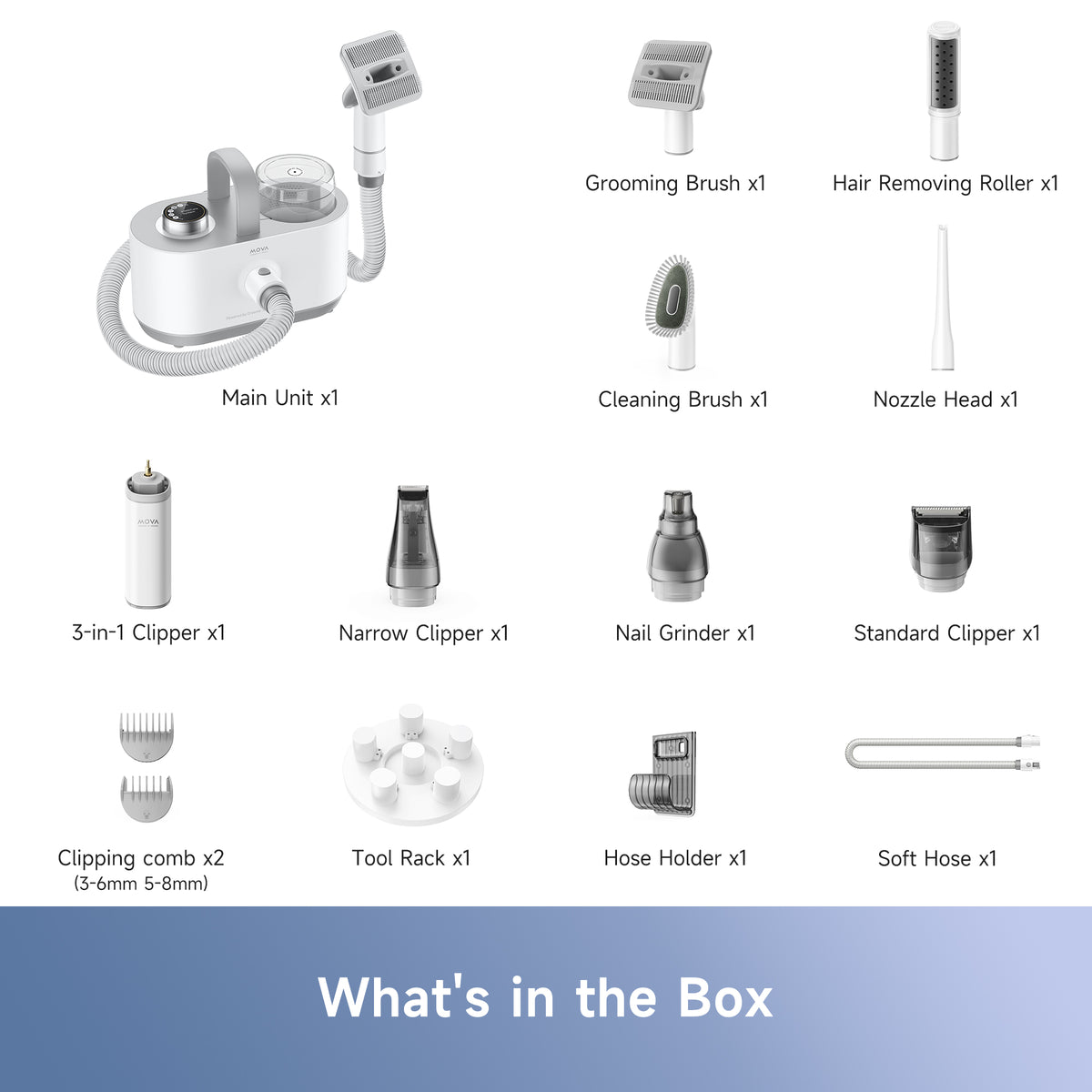 Pet grooming vacuum kit components layout with brushes, clippers, and hose