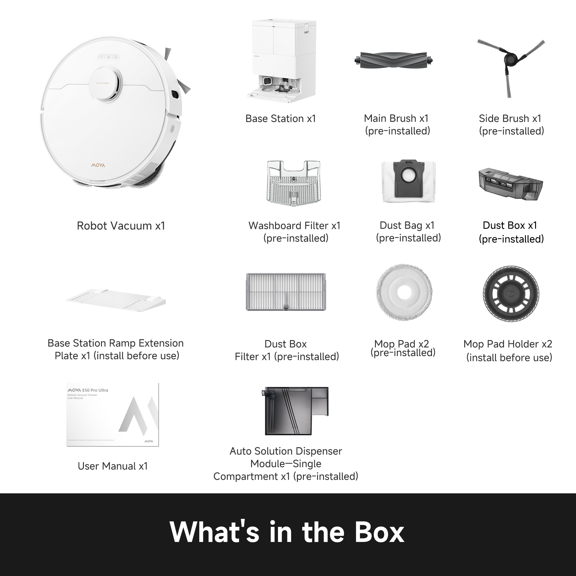 Robot vacuum starter kit laid out: robot, dock, filters, mop pads, and brushes