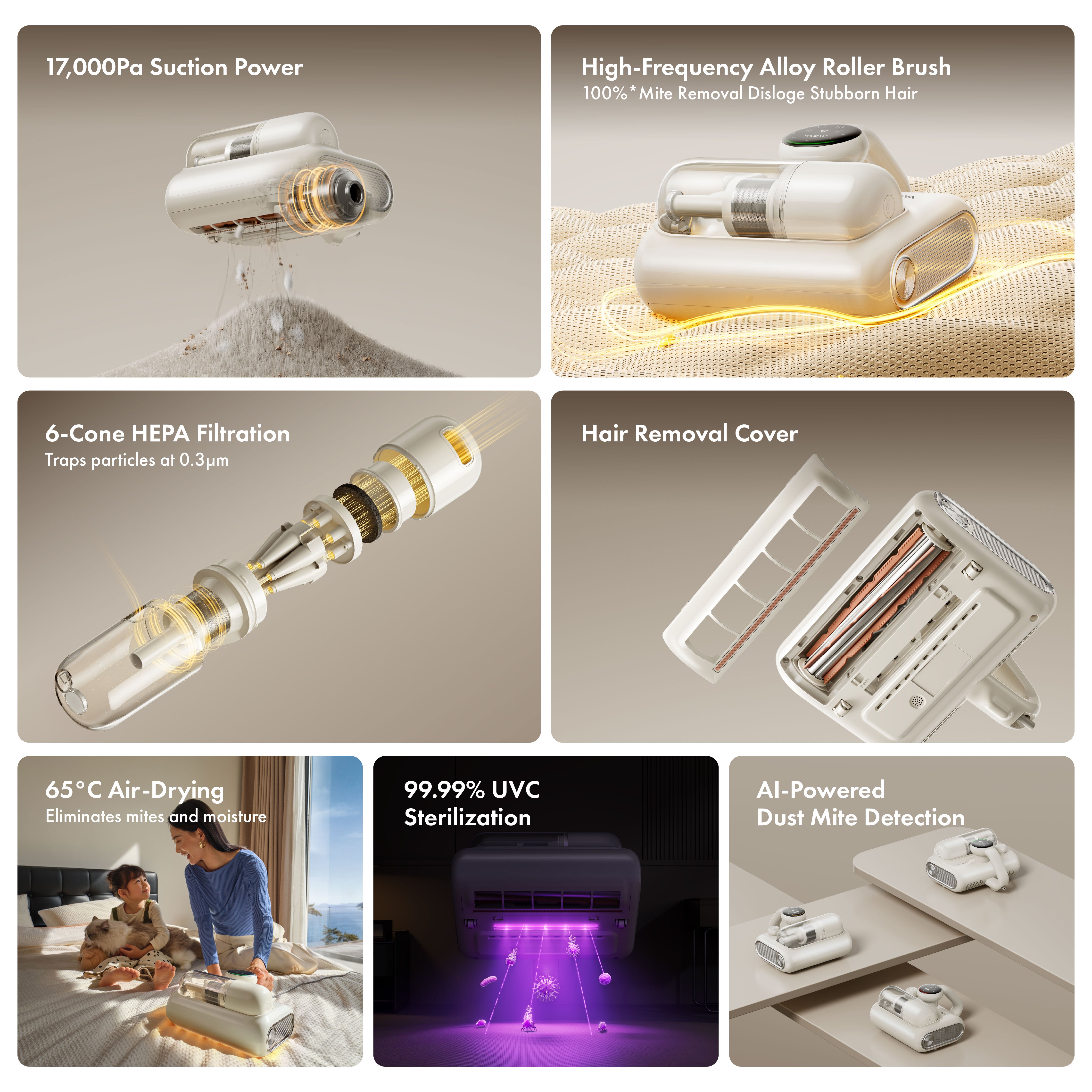 White MOVA Q30 dust mite vacuum with clear cyclone chamber and accessory nozzle