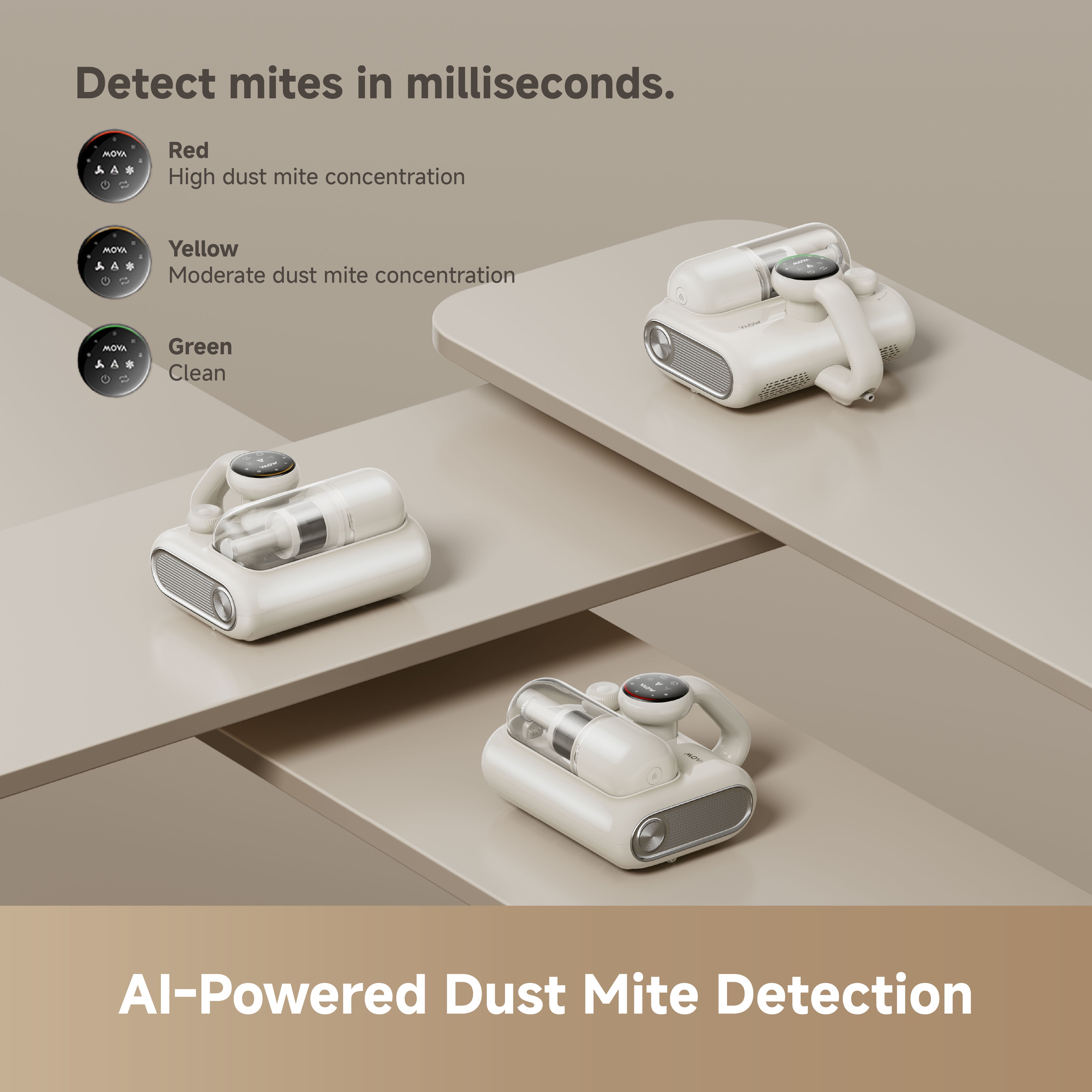 White MOVA Q30 dust mite detection vacuum with indicator dial on tabletop