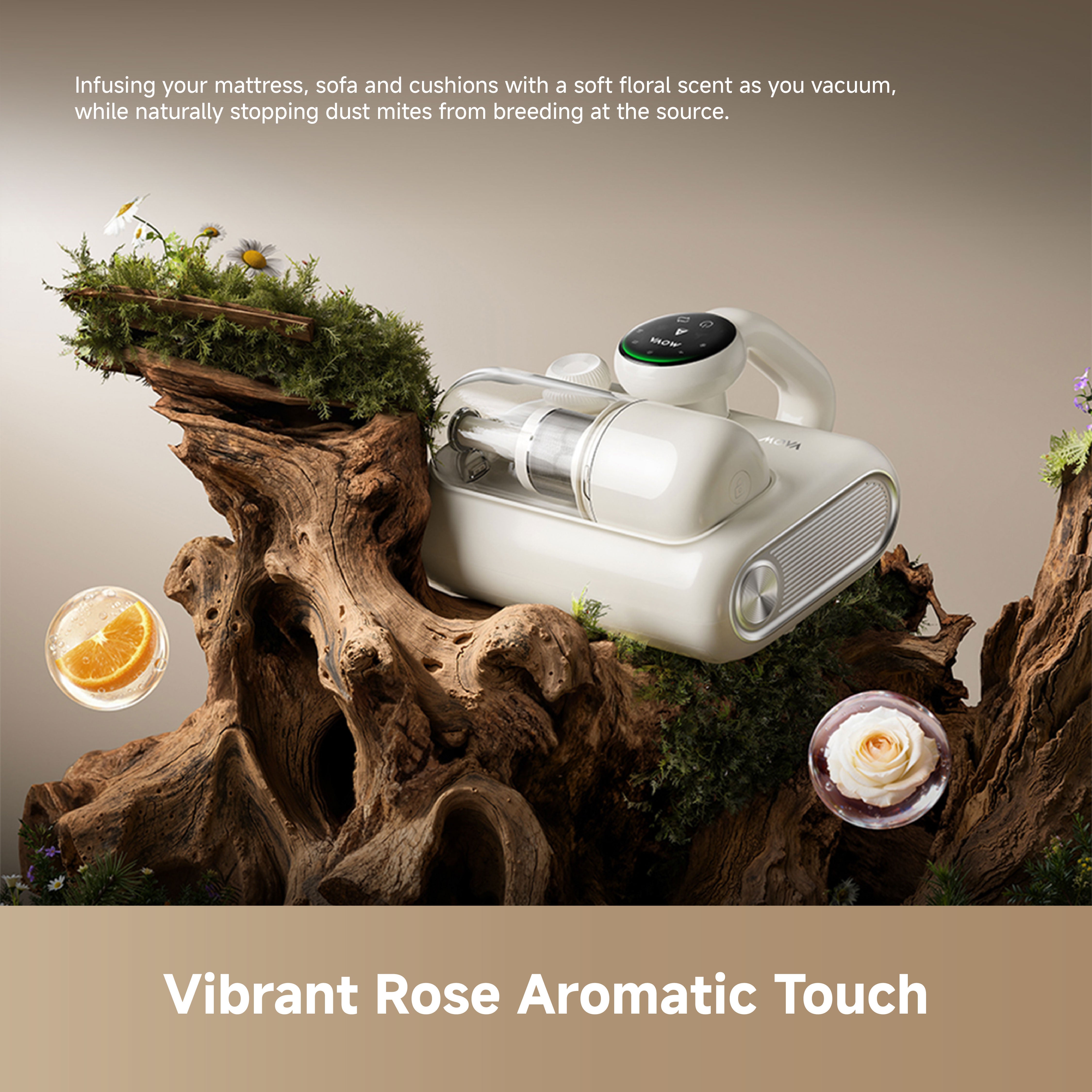 White MOVA Q30 dust mite vacuum with rose-scent aroma cover and front intake