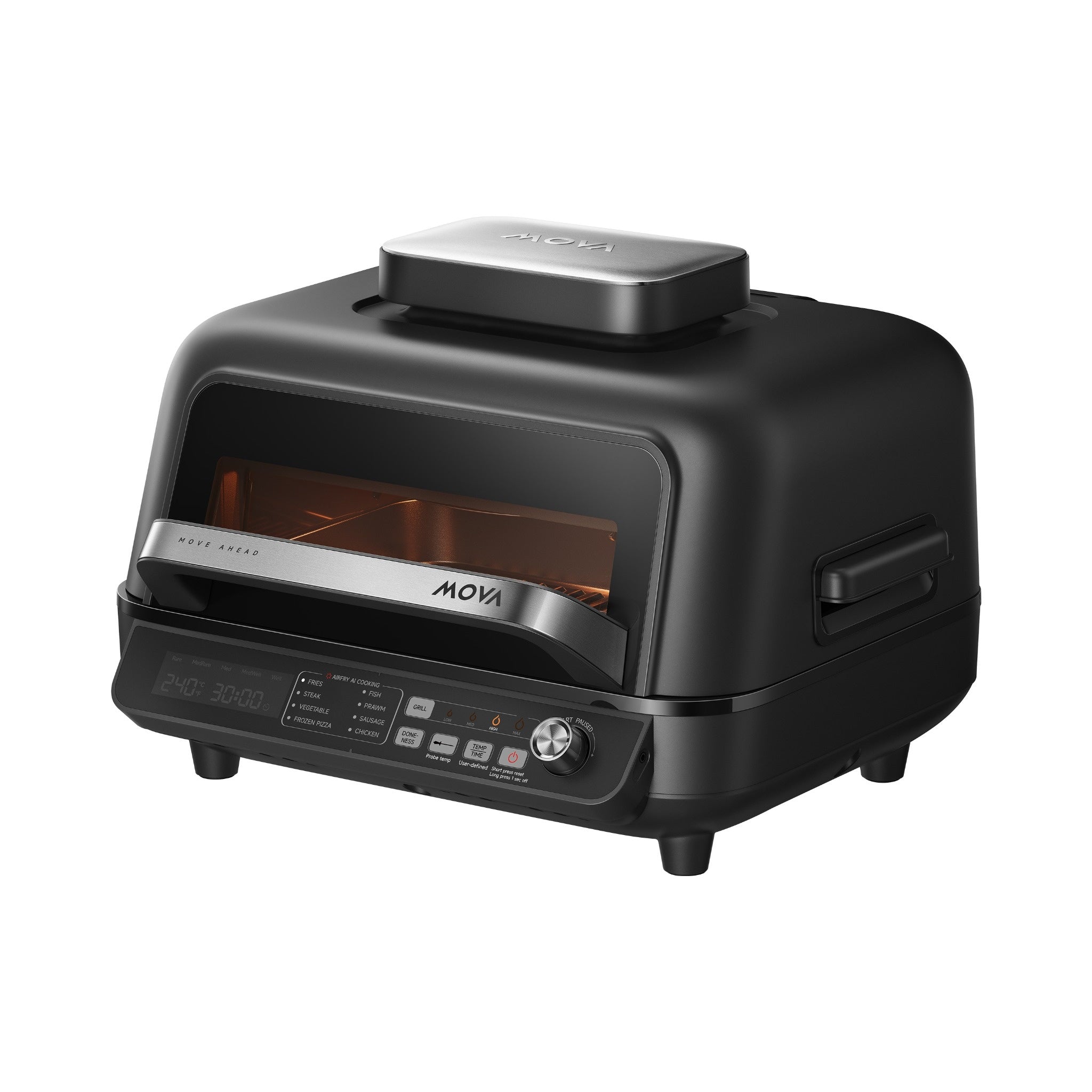 Black multi-grill and air fryer countertop appliance with display panel and side handle