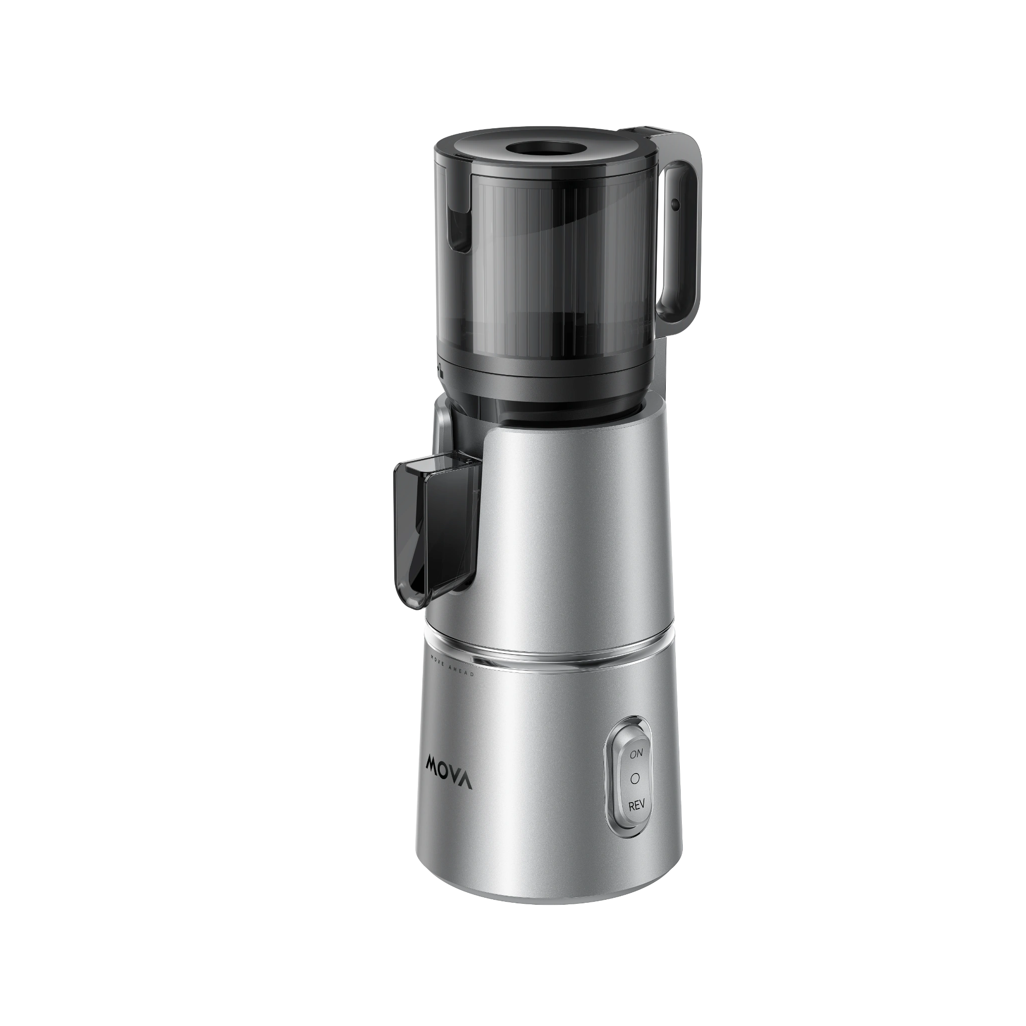 MOVA SJ10 slow juicer in stainless steel with black top and feeding chute