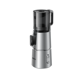 Stainless steel slow juicer with black lid and side handle