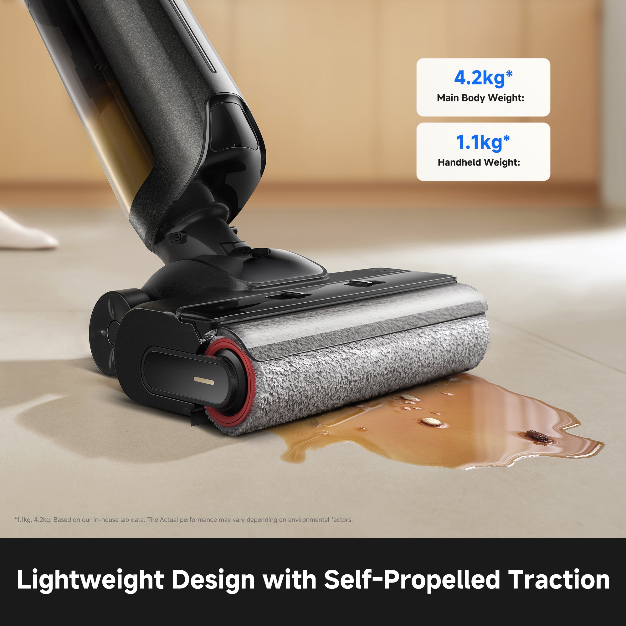 MOVA K30 Plus floor washer head with gray roller brush and black wand