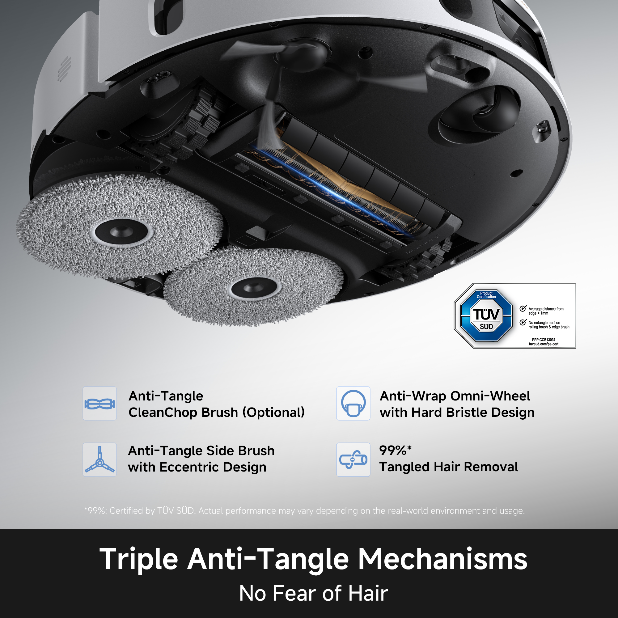Open underside of robot vacuum showing dual rotating mop pads