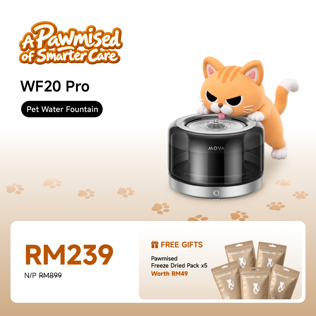MOVA WF20 Pro pet water fountain with clear top and flowing water spout, black base