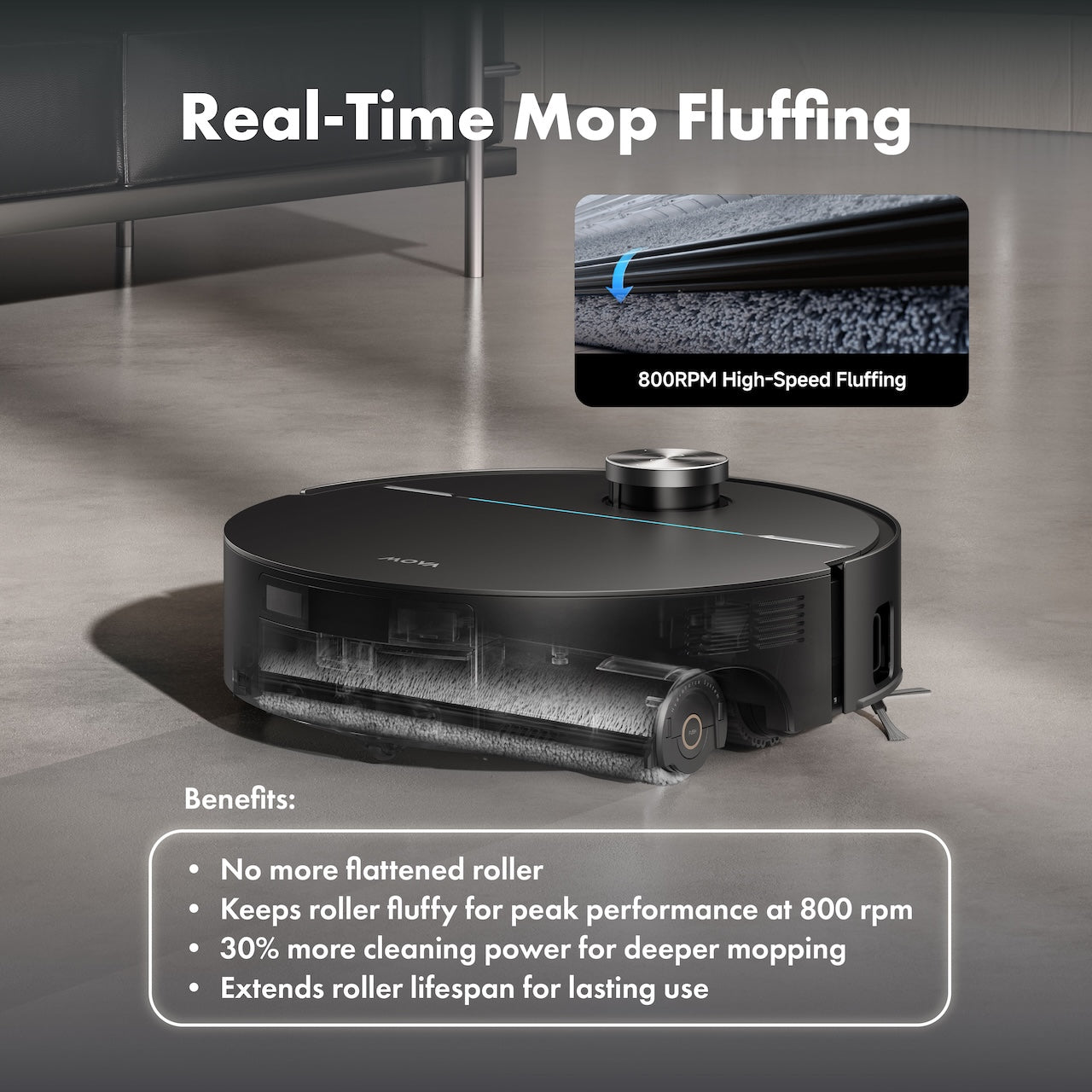Smart robot vacuum with fluffy mop roller, circular base and blue cleaning strip