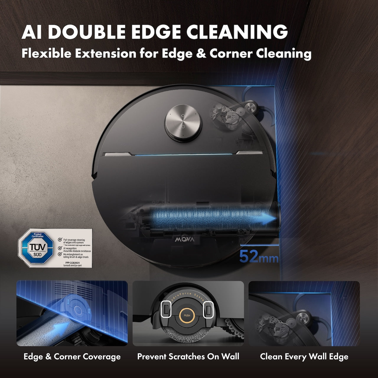 Smart robot vacuum front close-up with circular dome, blue edge-cleaning light bar