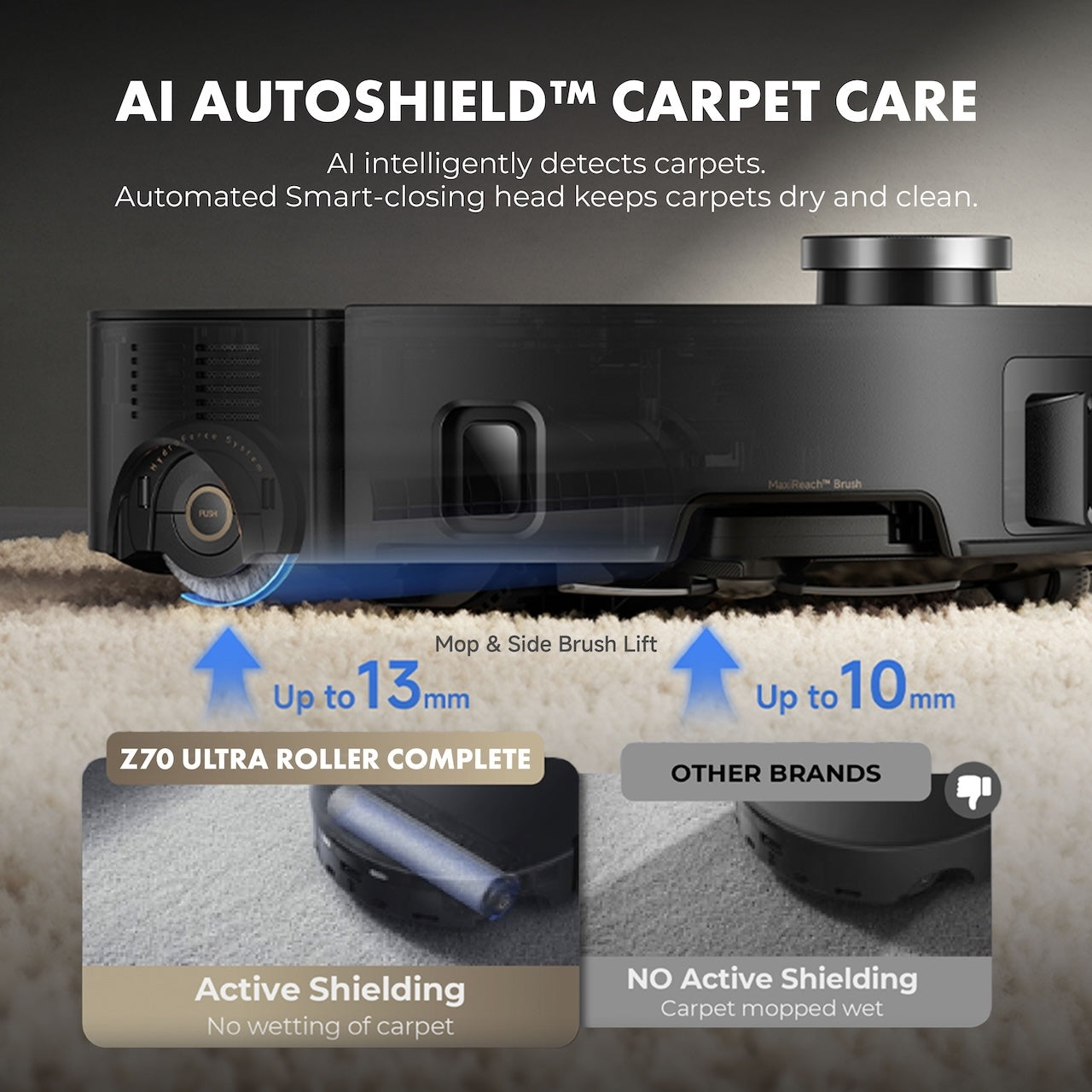Smart robot vacuum on carpet with blue mop roller strip and side brush near edge