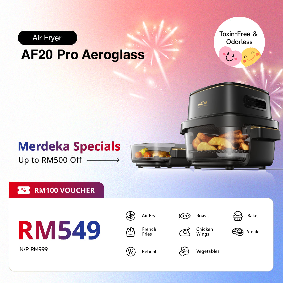 Black MOVA AF20 Pro Aeroglass air fryer on countertop with open cooking drawer