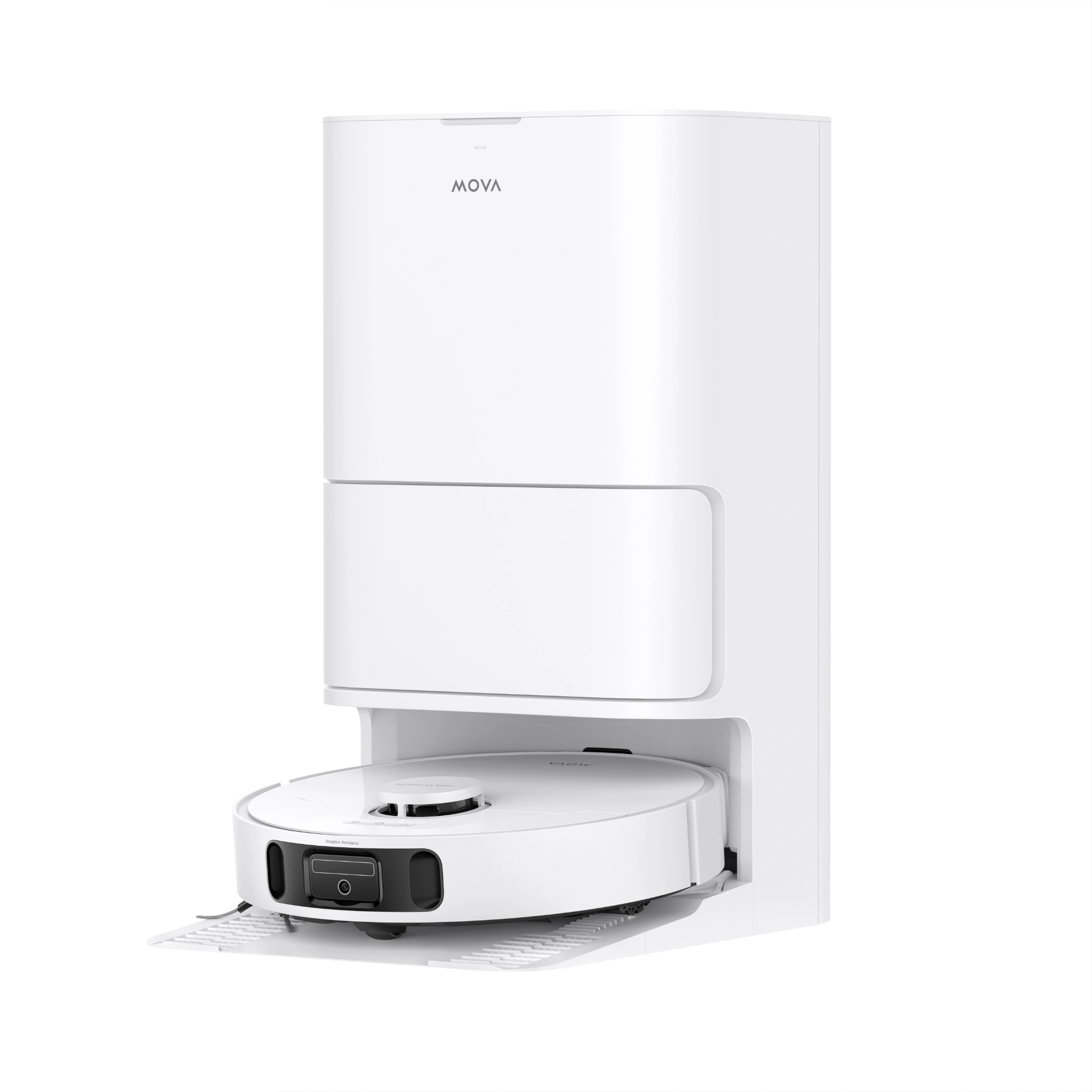MOVA E40 robot vacuum base station with white upright enclosure