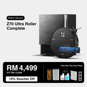 Smart robot vacuum with front mop roller and blue brush strip, shown from front