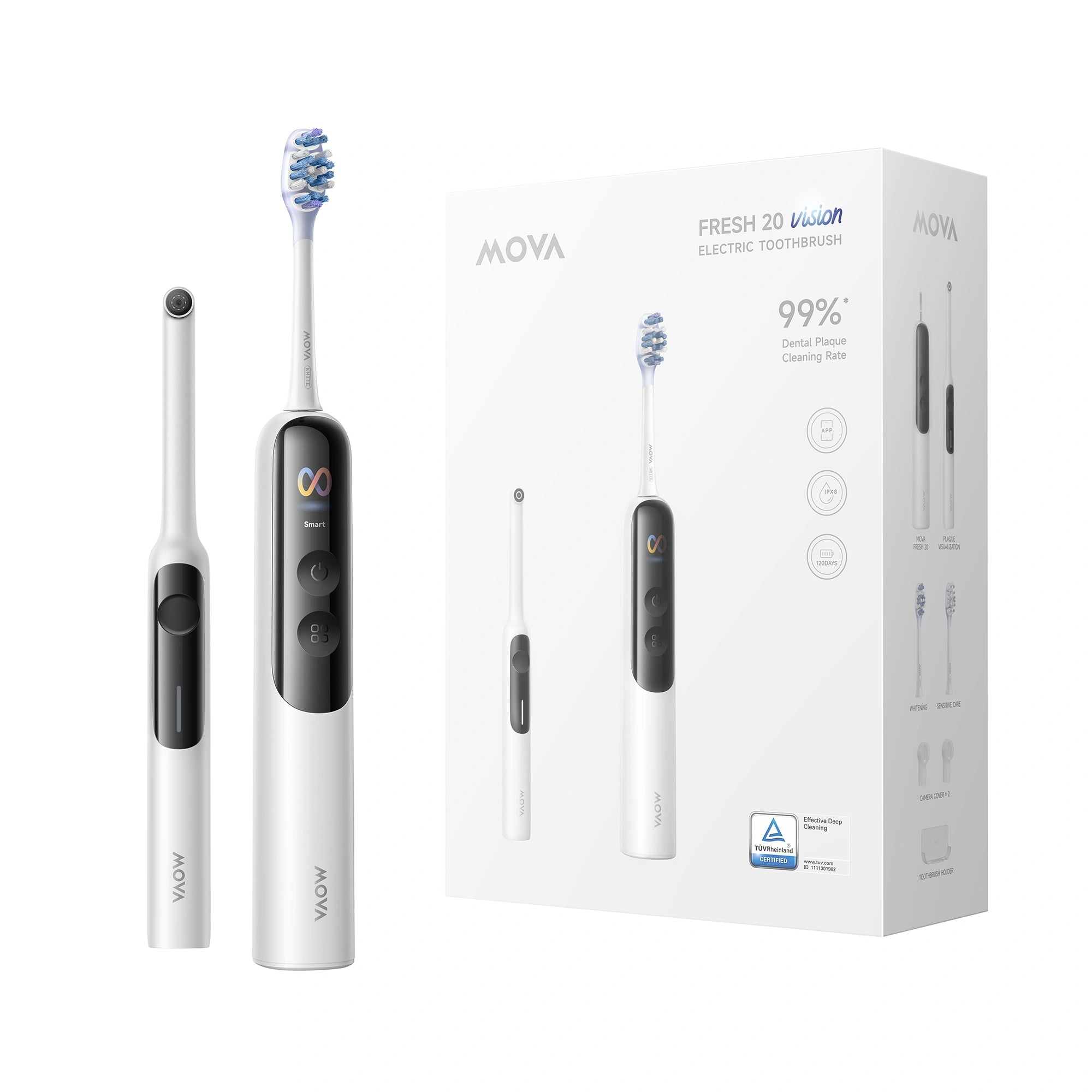 MOVA Fresh 20 Vision electric toothbrush with white handle and blue bristles, boxed