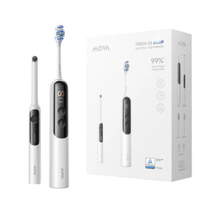 MOVA Fresh 20 Vision electric toothbrush with white handle and blue bristles, boxed