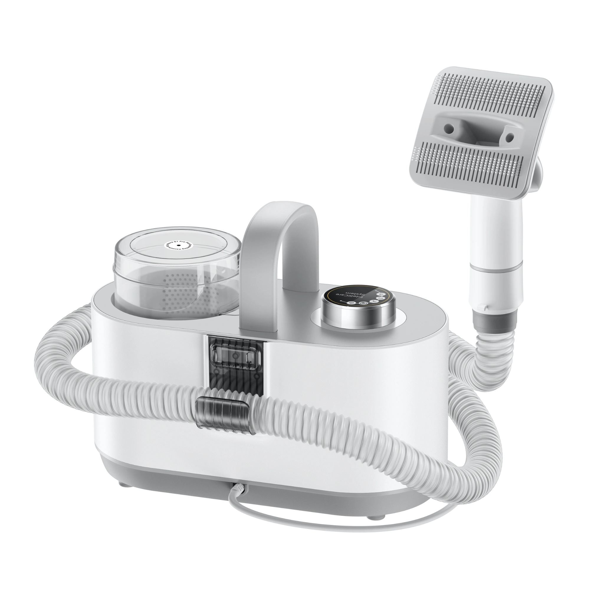 Pet grooming vacuum kit with white base, hose, and grooming brush attachment