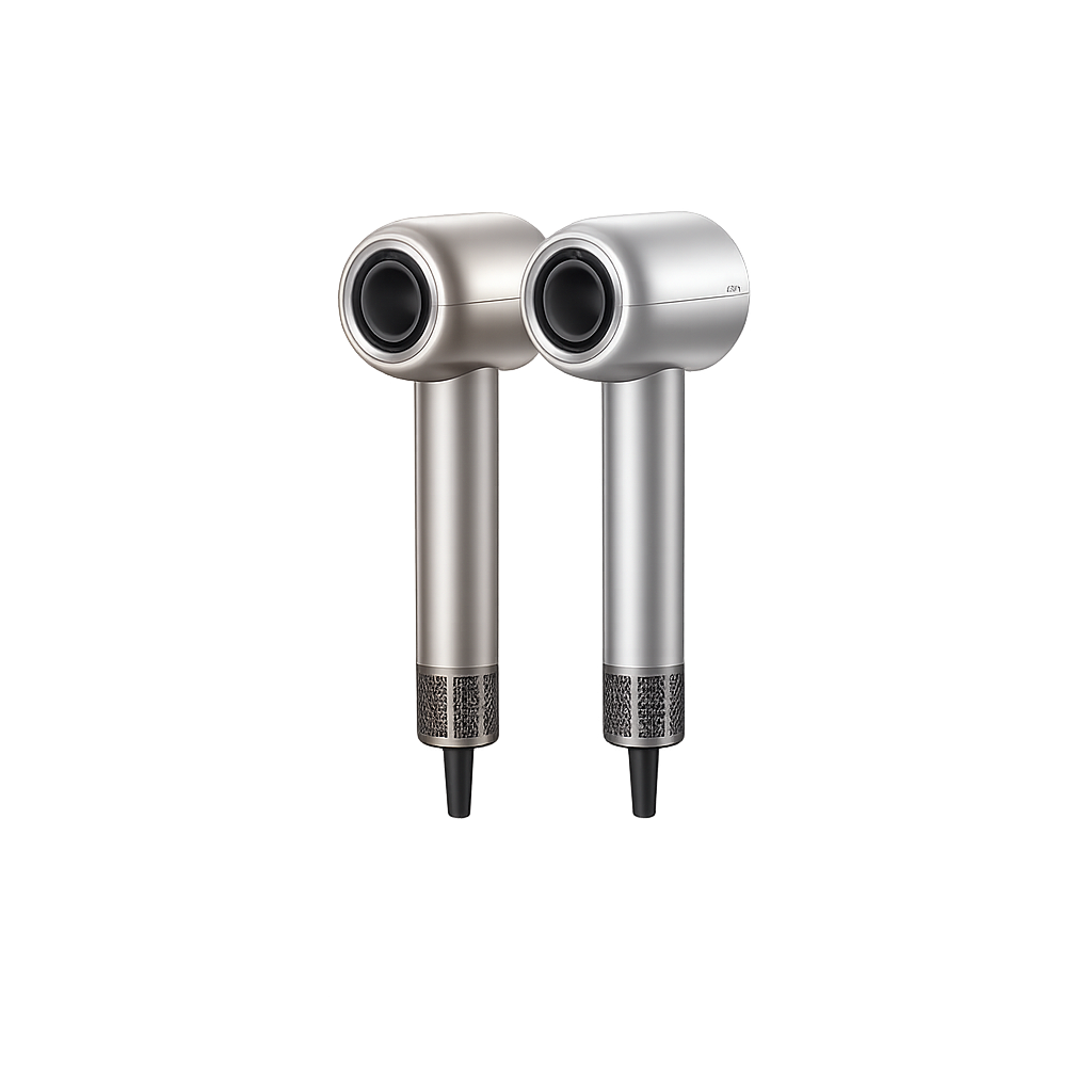 Metallic silver hair dryer with two nozzles and mesh filter grilles.