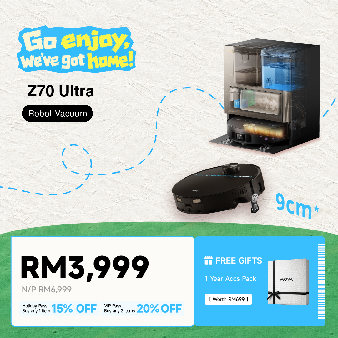 MOVA Z70 Ultra smart robot vacuum, black body with clear dust bin