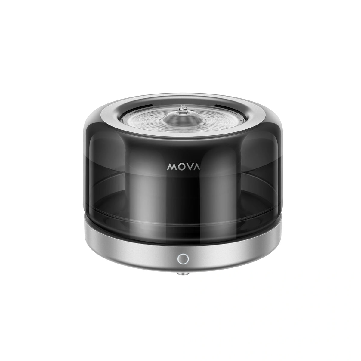Pet water fountain with black circular top and silver base, MOVA logo