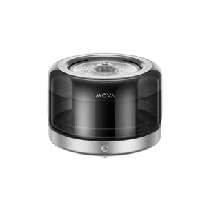 Pet water fountain with black circular top and silver base, MOVA logo
